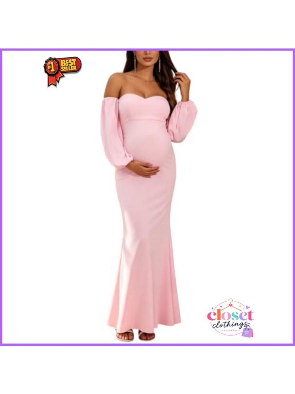 Maternity Mermaid Maxi Gown Off-Shoulder Puff Sleeve Tulle Formal Dress